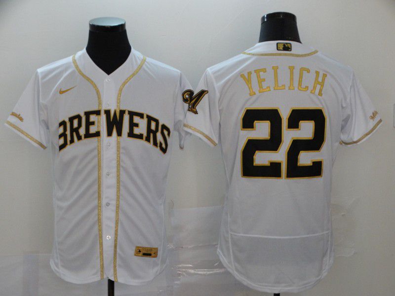 Men Milwaukee Brewers 22 Yelich White Retro gold character Nike Elite MLB Jerseys